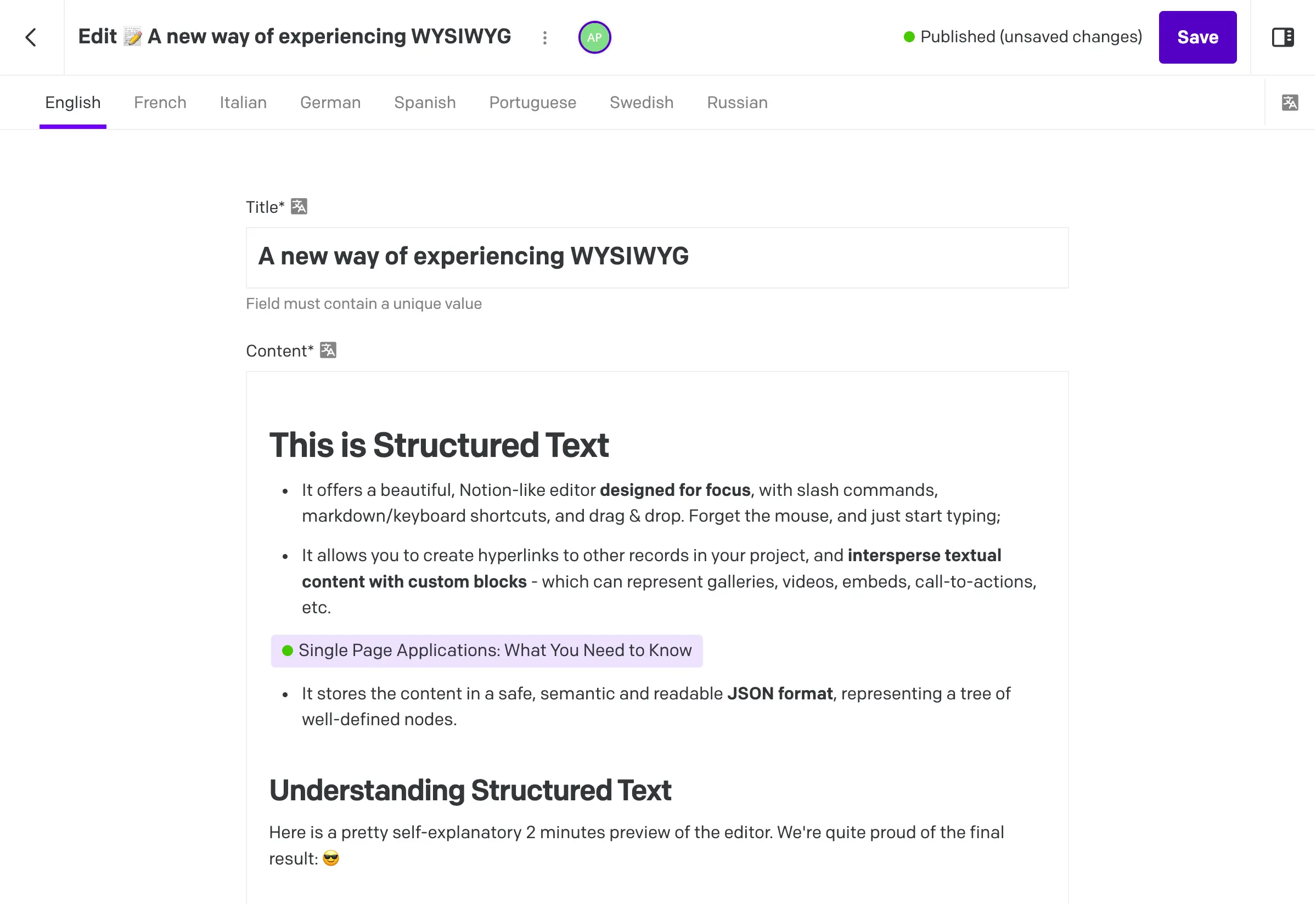 DatoCMS editing interface (editor)